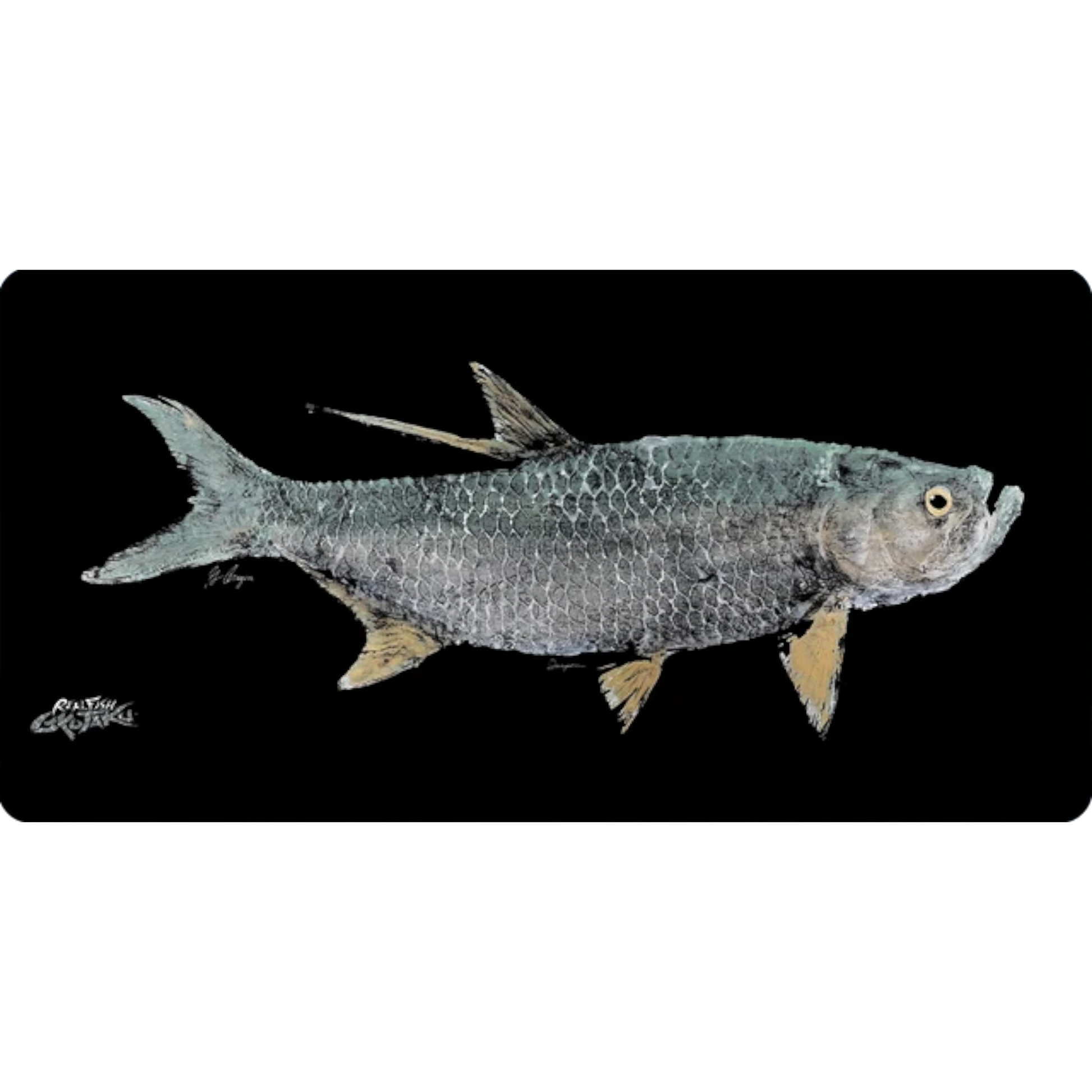 Dogfish Tackle & Marine large mouse pad featuring a Greg Aragon Tarpon fish rubbing on a black background