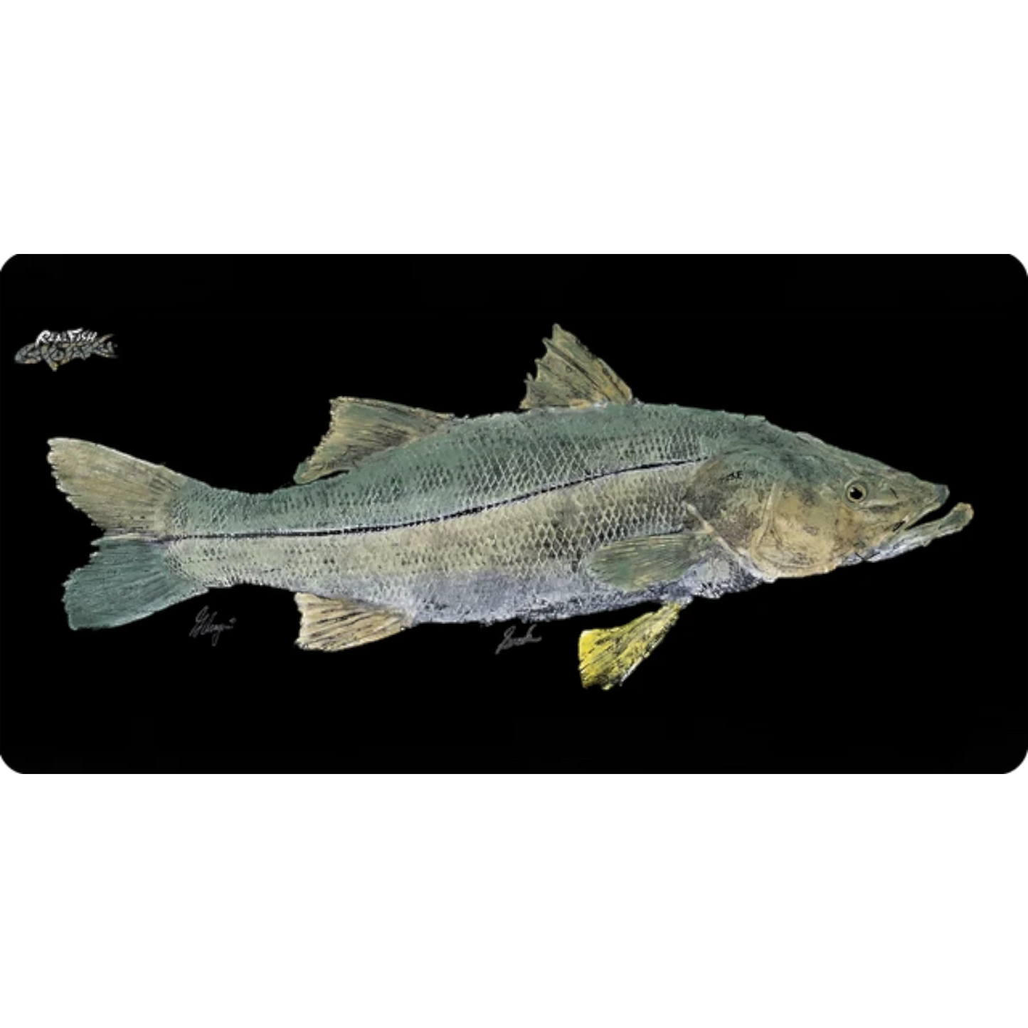 Dogfish Tackle & Marine large mouse pad featuring a detailed Greg Aragon Gyotaku fish rubbing of a Tarpon on black