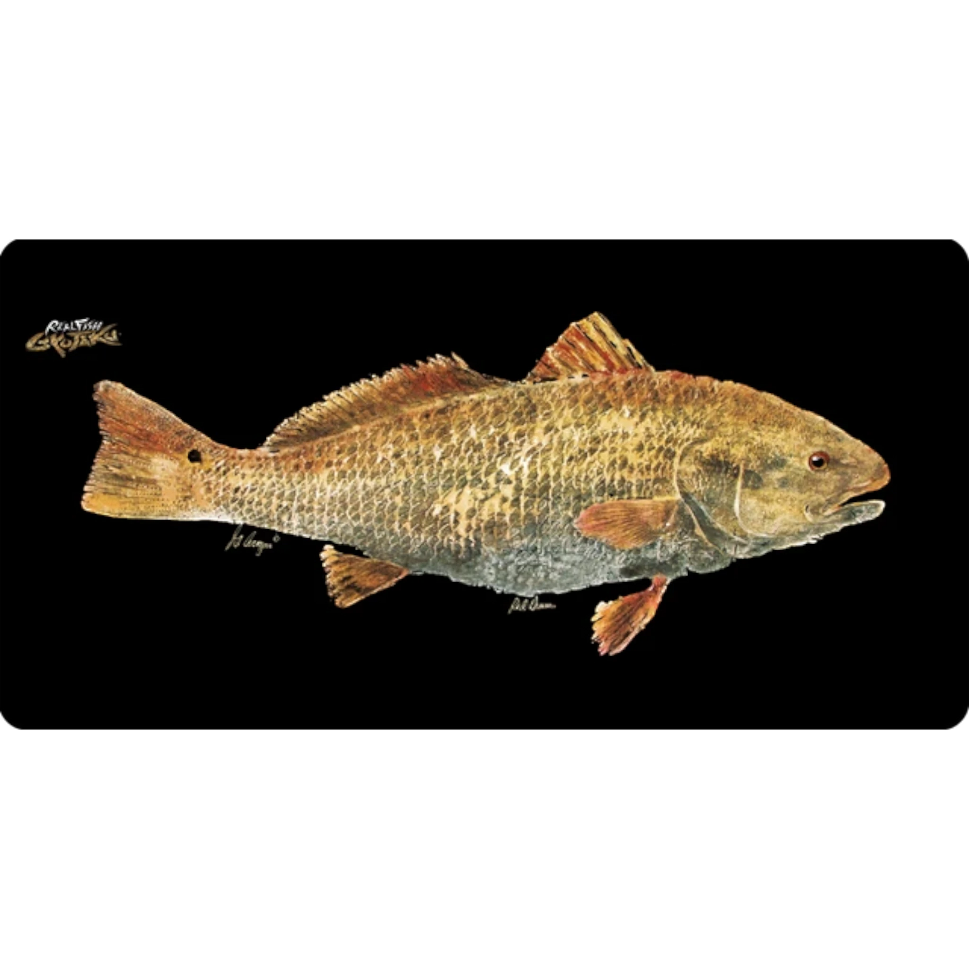 Dogfish Tackle & Marine large mouse pad featuring a detailed Greg Aragon Tarpon fish rubbing on a black background