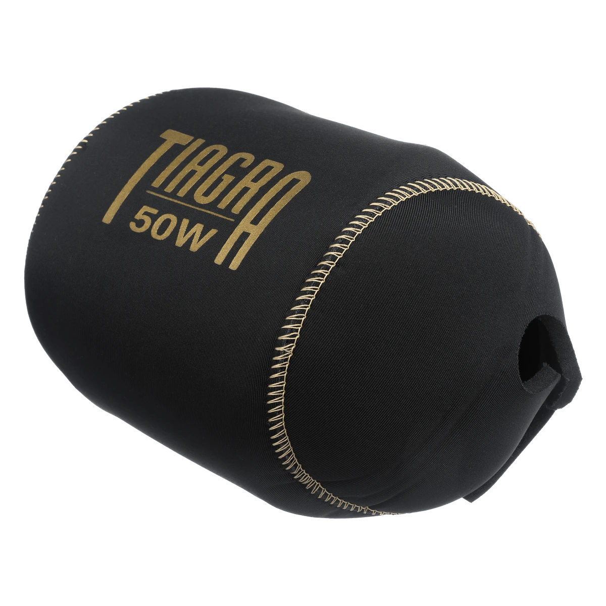 Dogfish Tackle & Marine black neoprene reel cover with gold TIAGRA 50W logo and stitching.