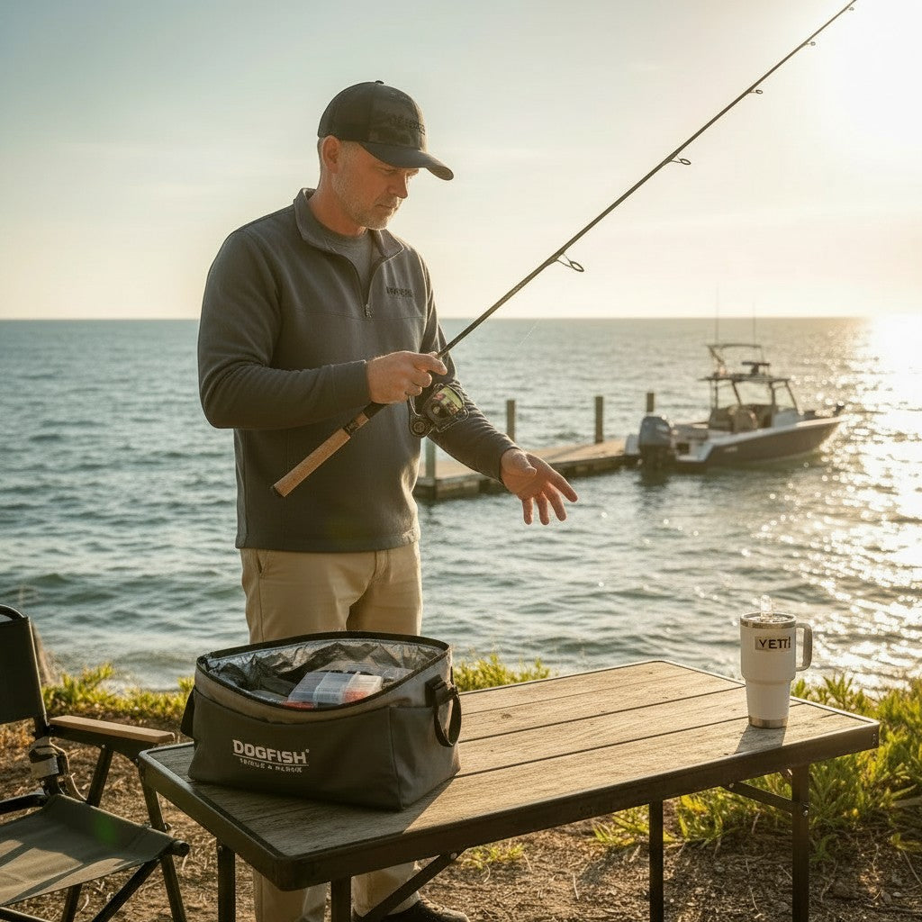 Dogfish Tackle & Marine black trucker hat with embroidered logo, worn by a man fishing by the water.