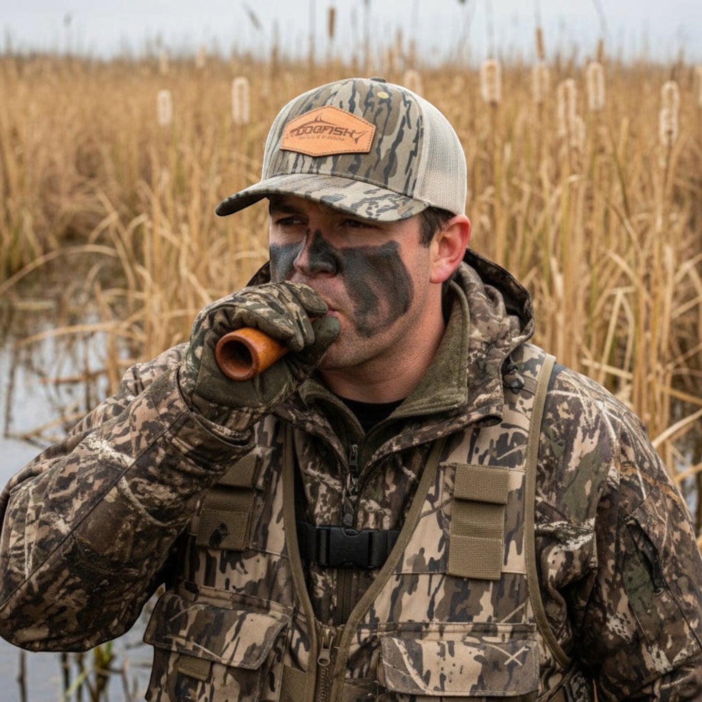 Dogfish Tackle & Marine camouflage trucker hat with leather patch, mesh back, and structured front panels. Worn by a hunter.