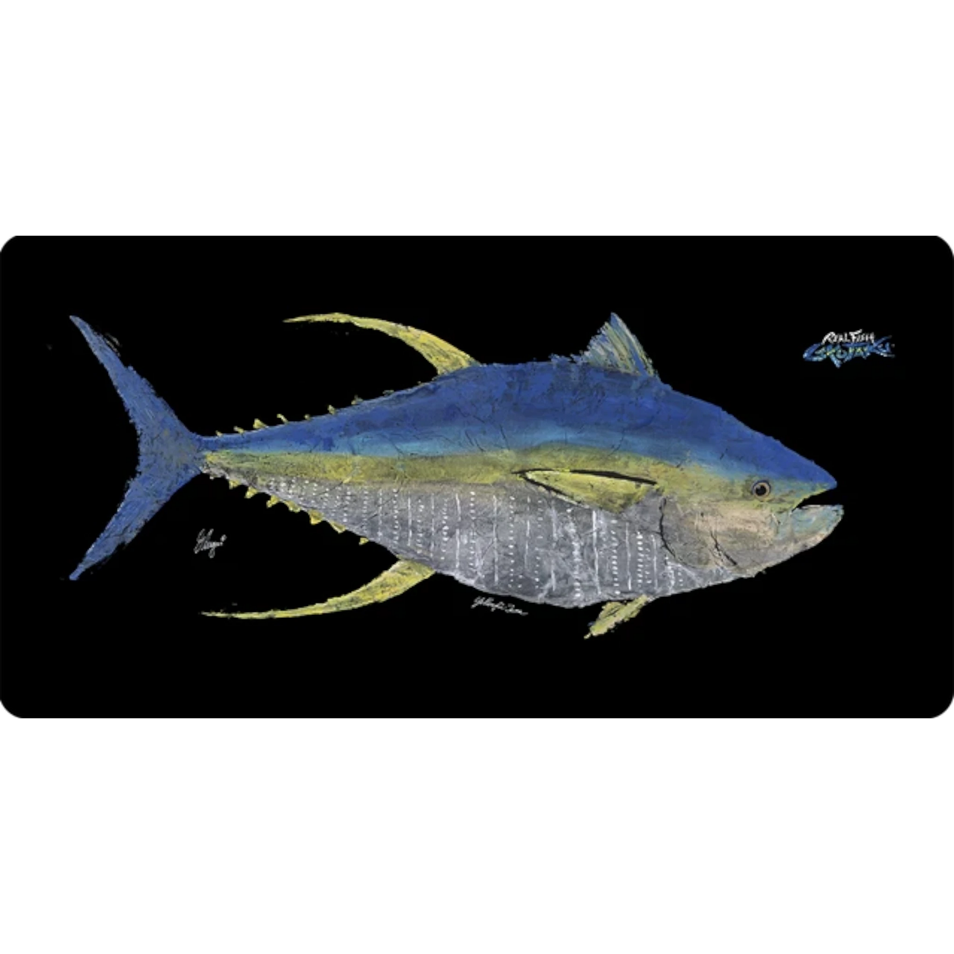 Dogfish Tackle & Marine large mouse pad featuring a blue and yellow tuna fish gyotaku art print on black background