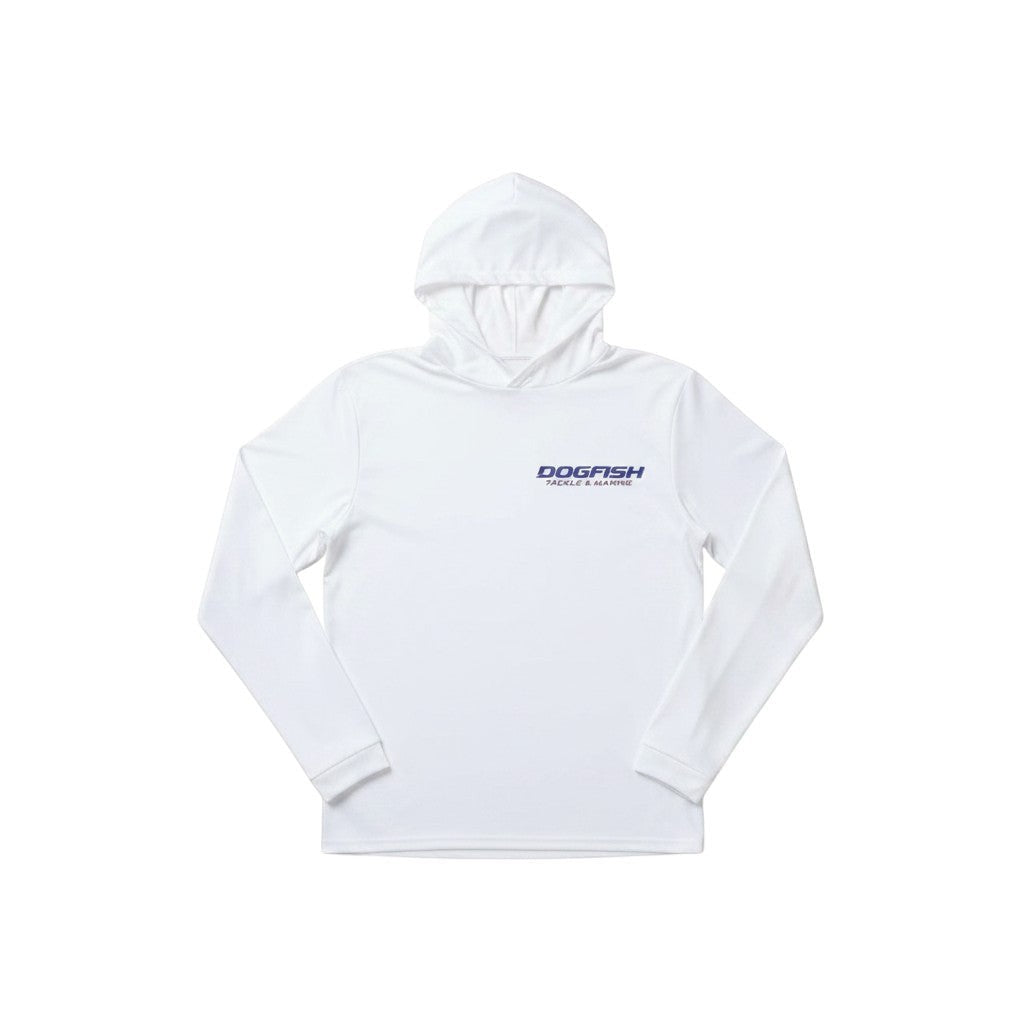 Dogfish Tackle & Marine white long sleeve hooded microfiber performance polyester shirt with UPF 50+ protection.