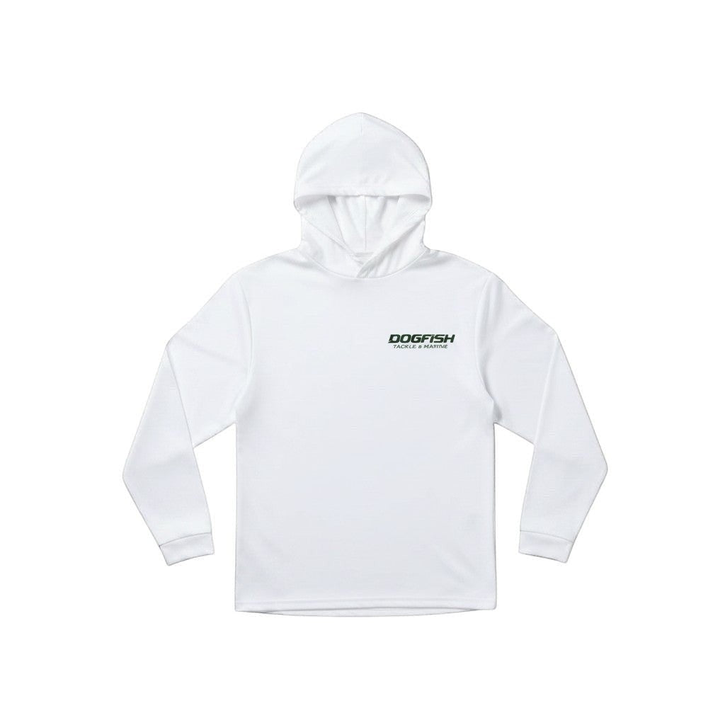 Dogfish Tackle & Marine white long sleeve hooded performance polyester shirt with moisture management and UPF 50+ protection.