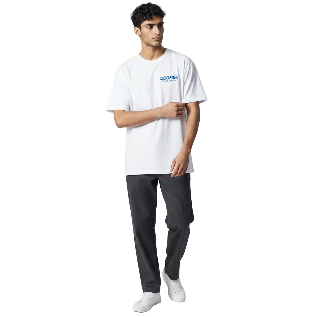 Dogfish Tackle & Marine white poly cotton jersey short sleeve t-shirt with blue logo on chest. Crew neck, regular fit.