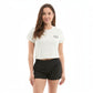 Dogfish Tackle & Marine women's light cream cropped t-shirt made of 60% organic cotton and 40% recycled polyester with a graphic print.