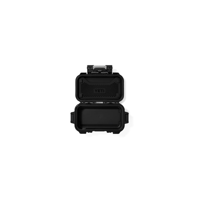 Dogfish Tackle & Marine Yeti Loadout Gobox 1 gear case in black, shown open with internal organization tray