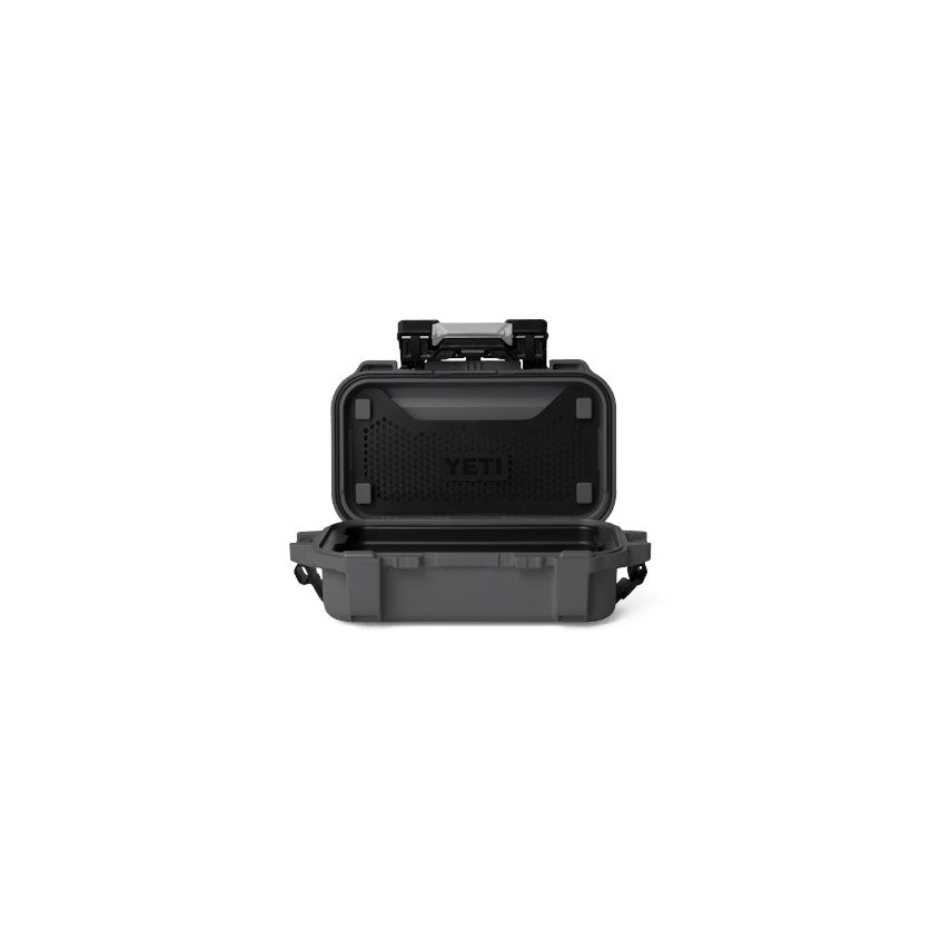 Dogfish Tackle & Marine Yeti LoadOut GoBox 1 gear case in charcoal, shown open with a removable internal tray.