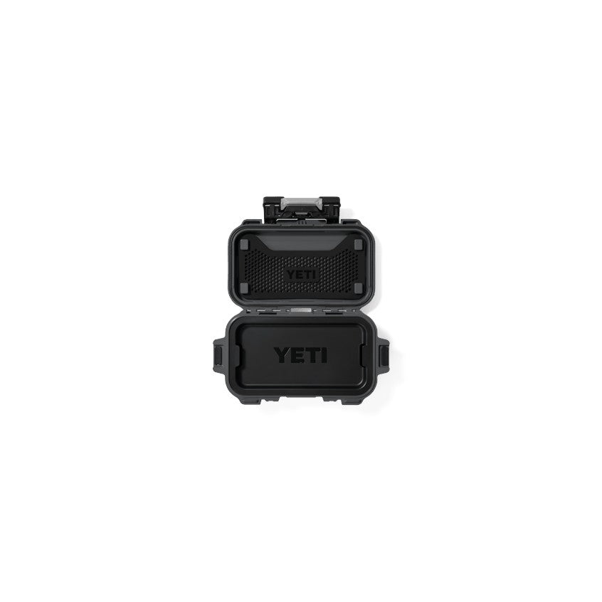 Dogfish Tackle & Marine Yeti LoadOut GoBox 1 gear case in black, shown open with interior organization tray.