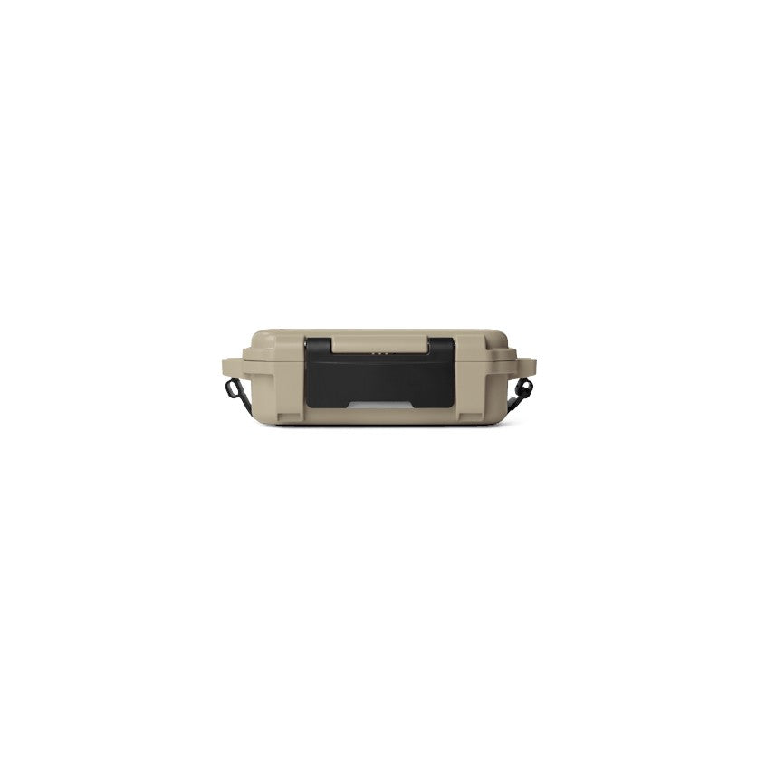 Dogfish Tackle & Marine tan YETI Loadout Gobox 1 waterproof gear case with a black latch and side tether strap