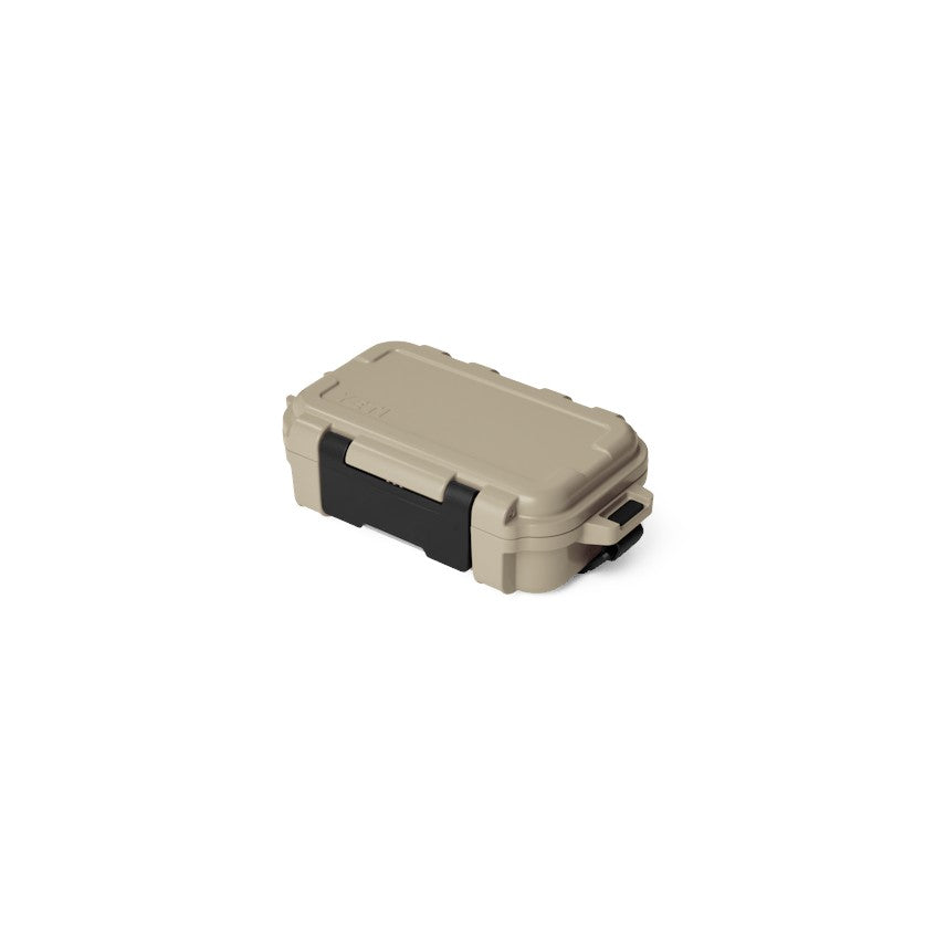 Dogfish Tackle & Marine tan Yeti Loadout Gobox 1 waterproof gear case with a secure black latch on a white background