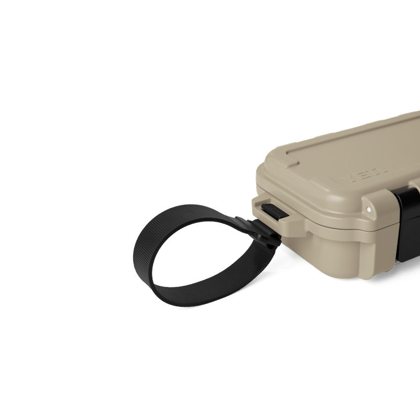 Tan Yeti Loadout Gobox 1 gear case with black tether strap from Dogfish Tackle & Marine, showing a durable latch.