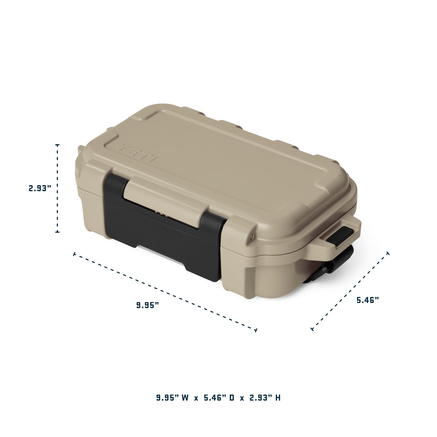 Dogfish Tackle & Marine Yeti LoadOut GoBox 1 tan waterproof gear case with dimensions shown on a white background.