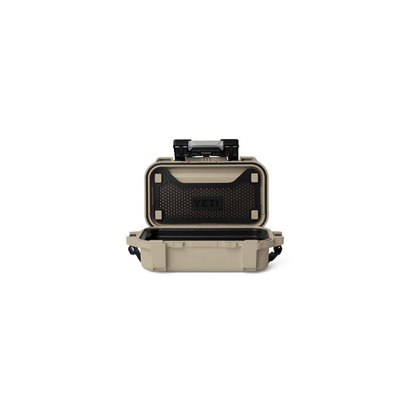 Dogfish Tackle & Marine Yeti LoadOut GoBox 1 tan waterproof gear case with open lid and internal organization tray