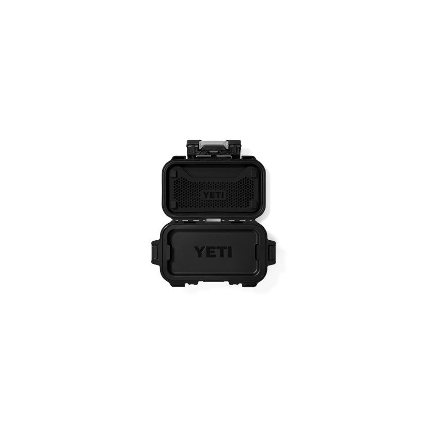 Dogfish Tackle & Marine Yeti Loadout Gobox 1 gear case in black, shown open to reveal internal organization features.