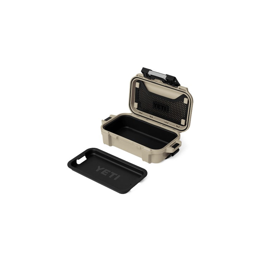 Dogfish Tackle & Marine Yeti Loadout Gobox 1 tan gear case with open lid, removable black tray, and latch closure.