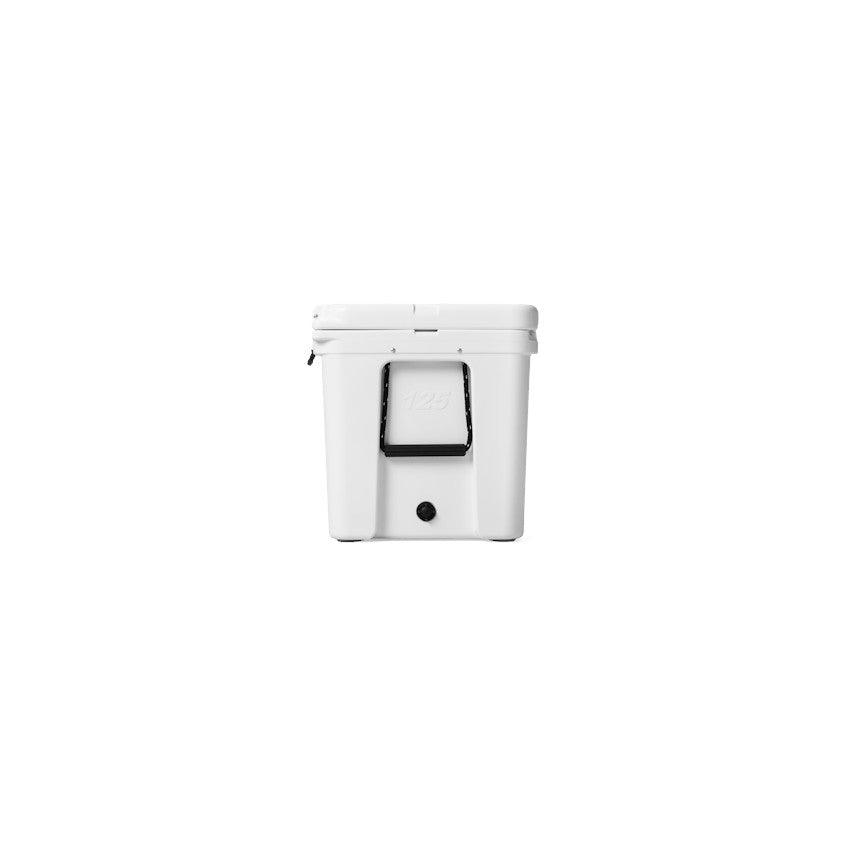 Dogfish Tackle & Marine YETI Tundra 125 hard cooler in white, shown from the side with a black handle and drain plug.