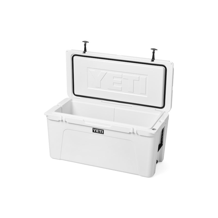 Dogfish Tackle & Marine white YETI Tundra 125 hard cooler with lid open, featuring rotomolded construction.