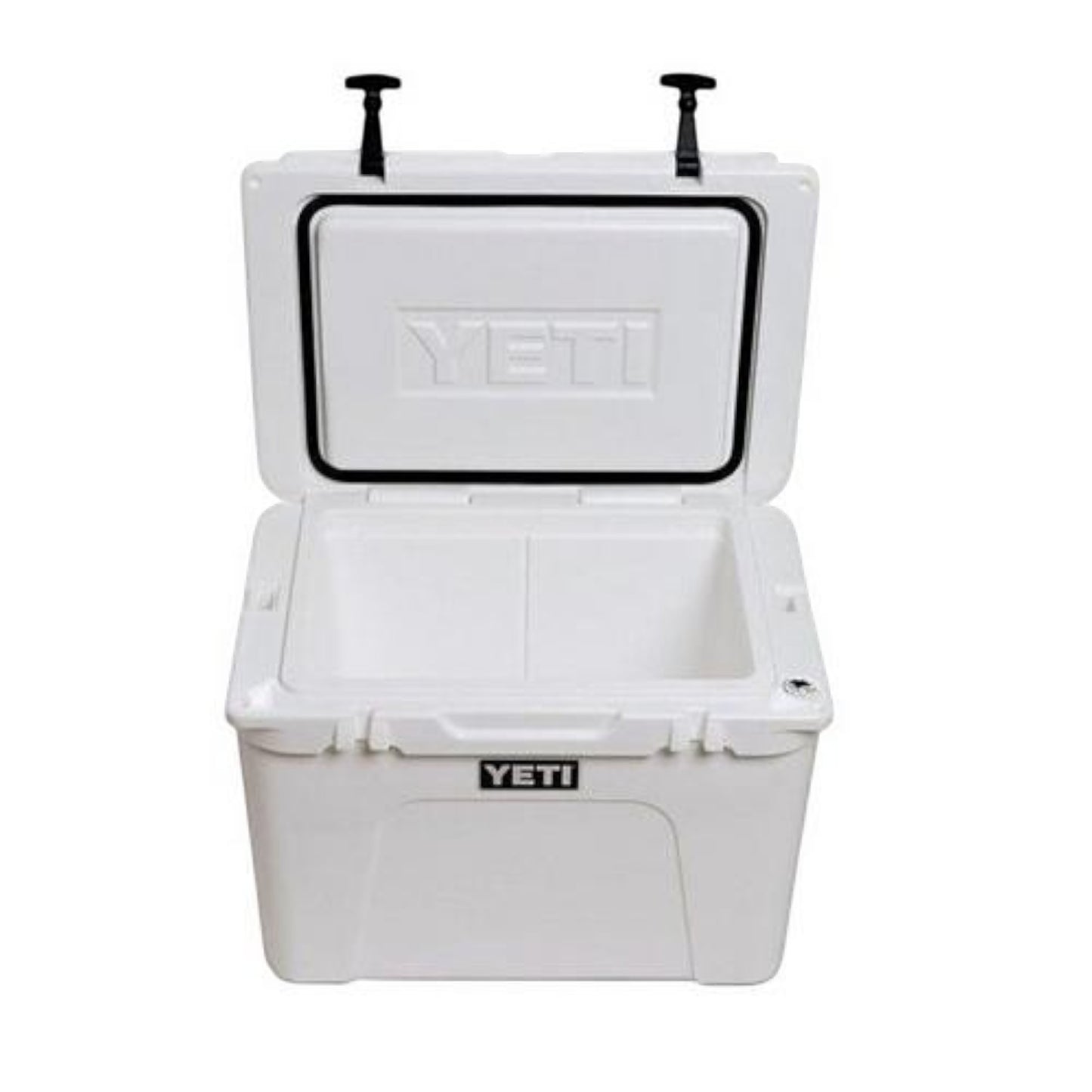 Dogfish Tackle & Marine white Yeti Tundra 50 hard cooler with lid open showing rotomolded interior and rubber latches