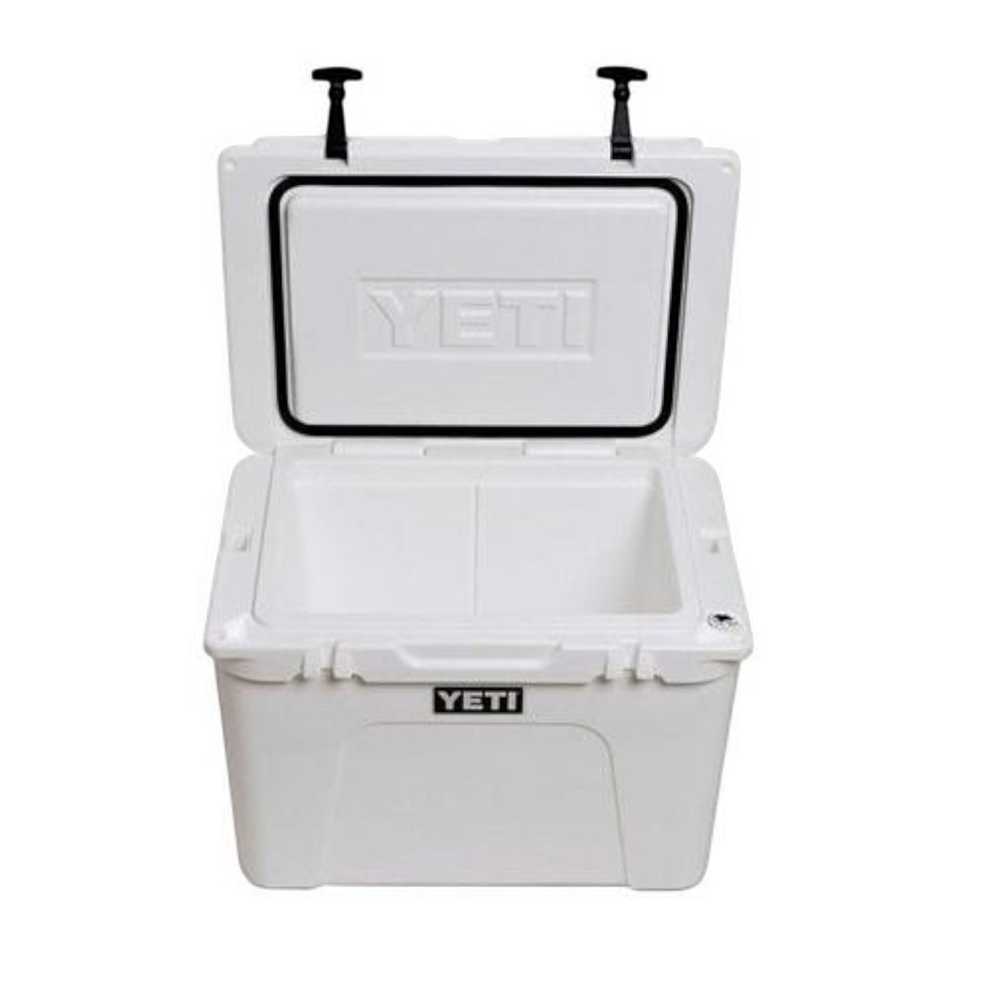 Dogfish Tackle & Marine white Yeti Tundra 50 hard cooler with lid open showing rotomolded interior and rubber latches