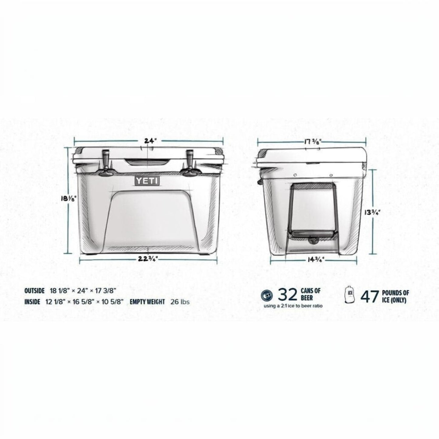 Dogfish Tackle & Marine technical line drawing showing dimensions and capacity of the Yeti Tundra 50 hard cooler.