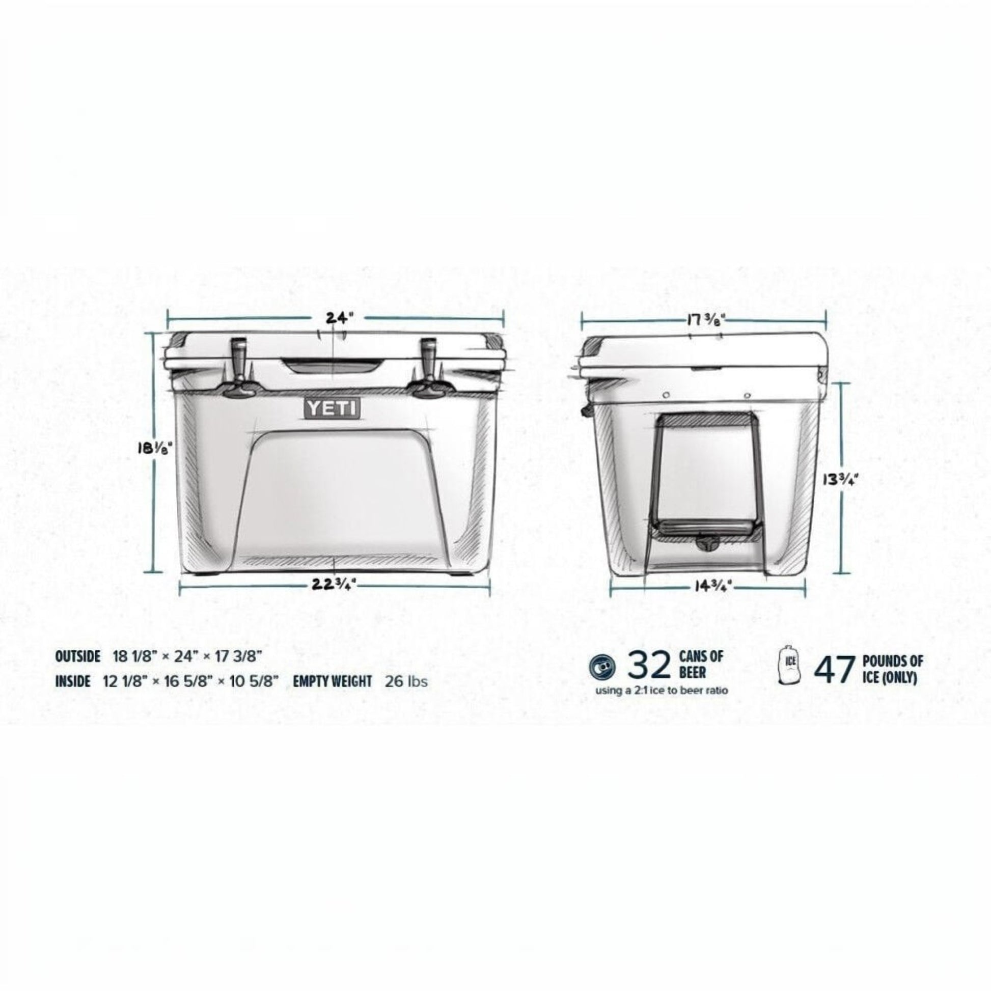Dogfish Tackle & Marine technical line drawing showing dimensions and capacity of the Yeti Tundra 50 hard cooler.