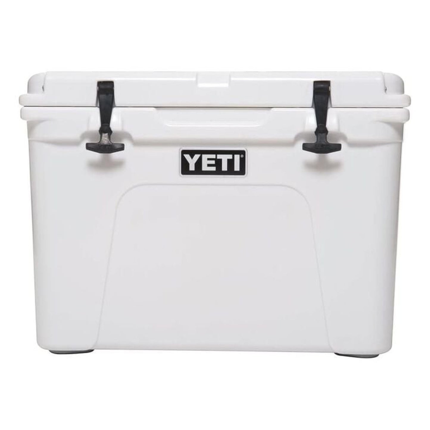 Dogfish Tackle & Marine white Yeti Tundra 50 hard cooler with durable rubber T-Rex lid latches and rotomolded design.