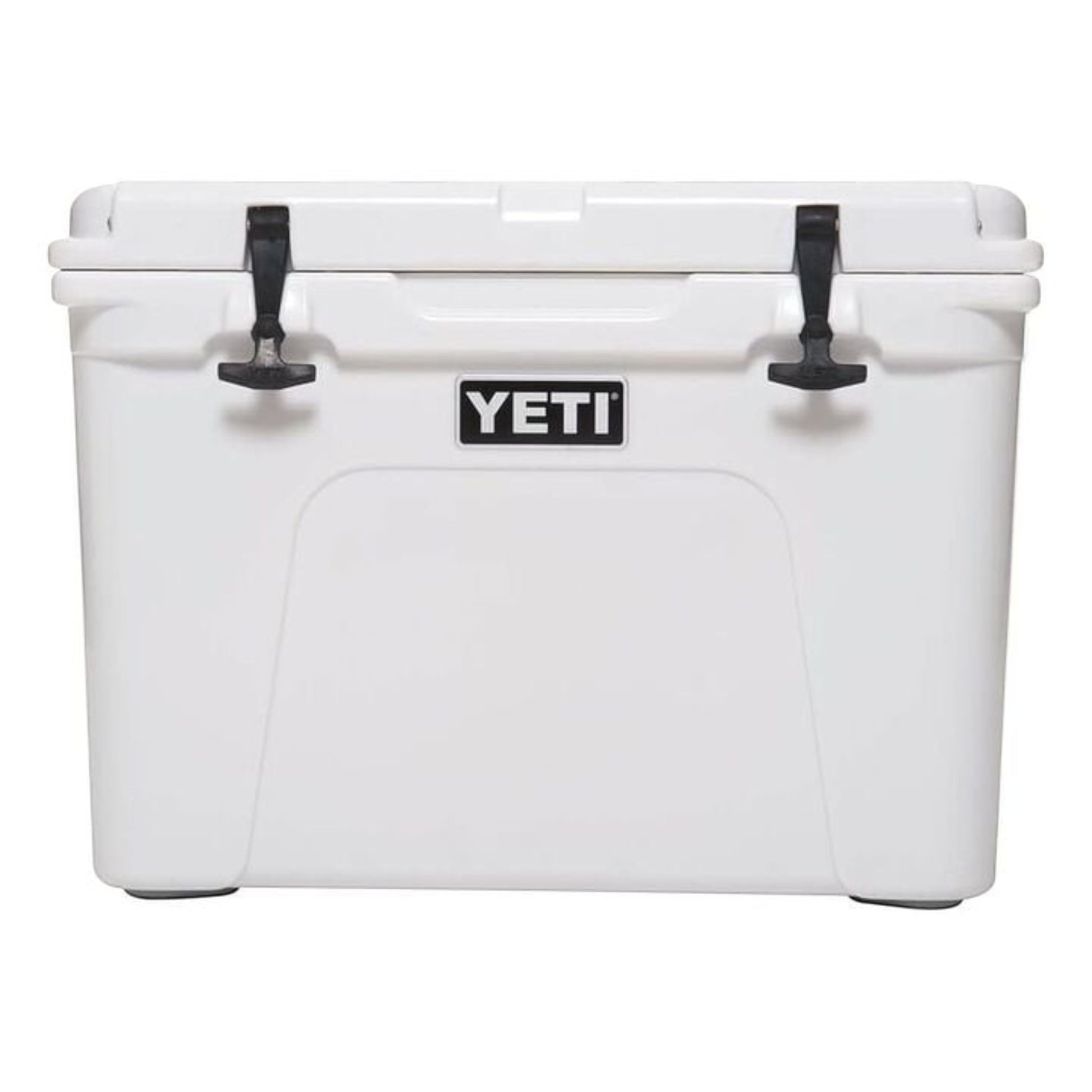 Dogfish Tackle & Marine white Yeti Tundra 50 hard cooler with durable rubber T-Rex lid latches and rotomolded design.