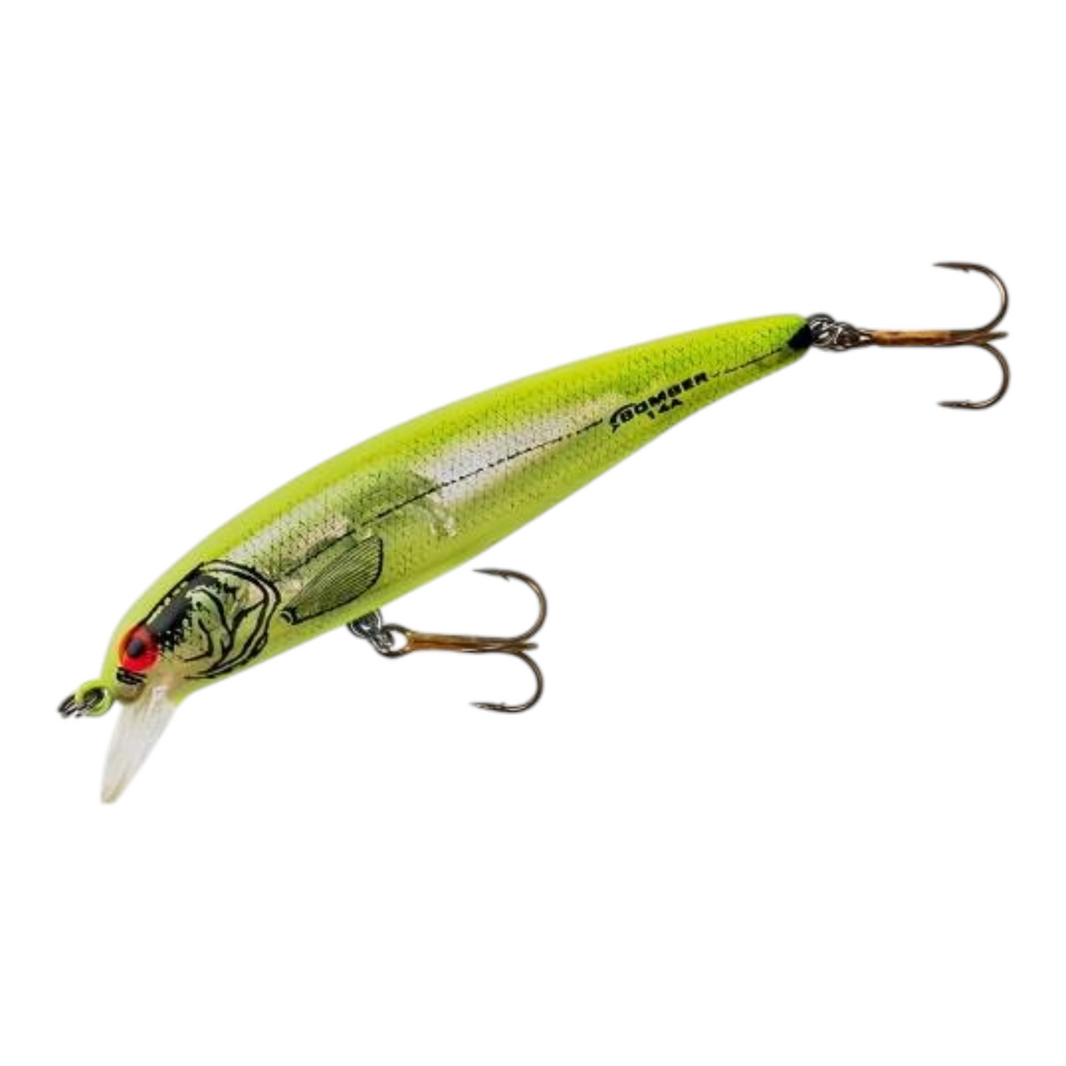 Dogfish Tackle & Marine Bomber Long A minnow jerkbait in chartreuse with red eyes and treble hooks.