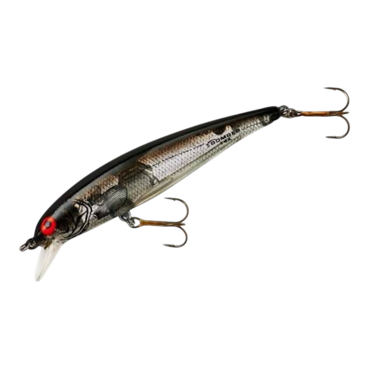 Dogfish Tackle & Marine Bomber Long A minnow jerkbait in black and silver with red eyes and treble hooks.