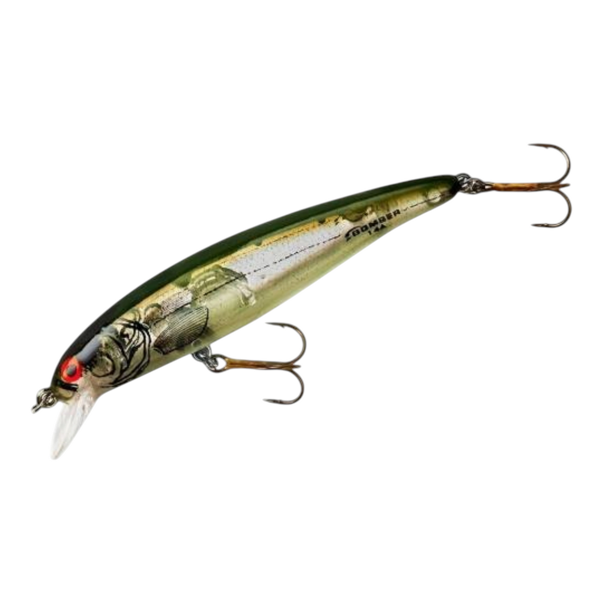 Dogfish Tackle & Marine Bomber Long A minnow jerkbait in green and silver with red eyes and treble hooks.