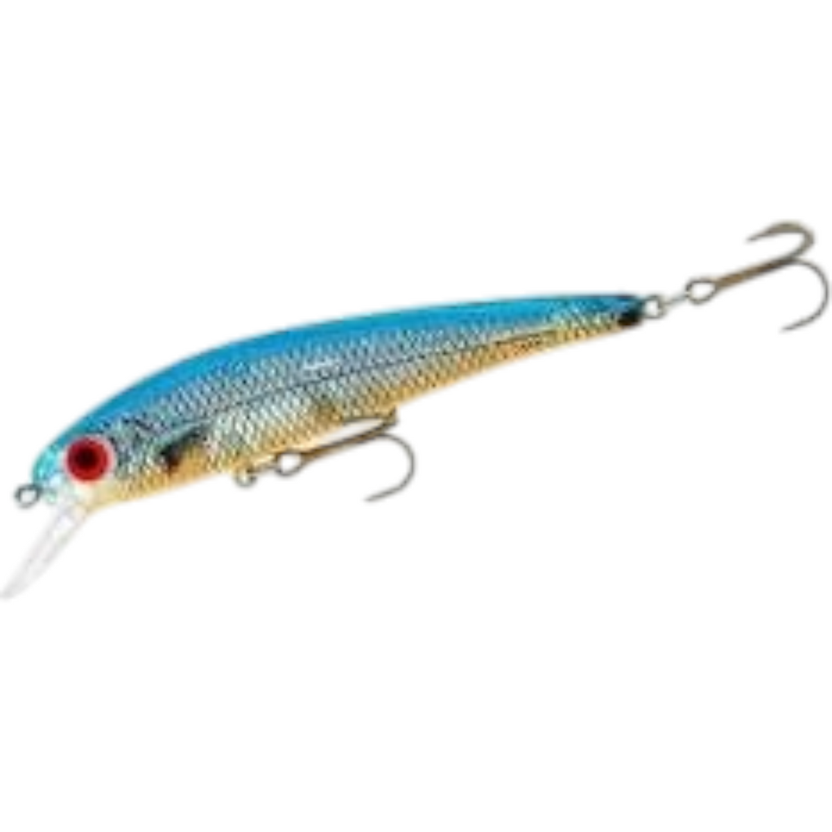 Dogfish Tackle & Marine Bomber Long A minnow jerkbait in blue and silver with red eyes and treble hooks.